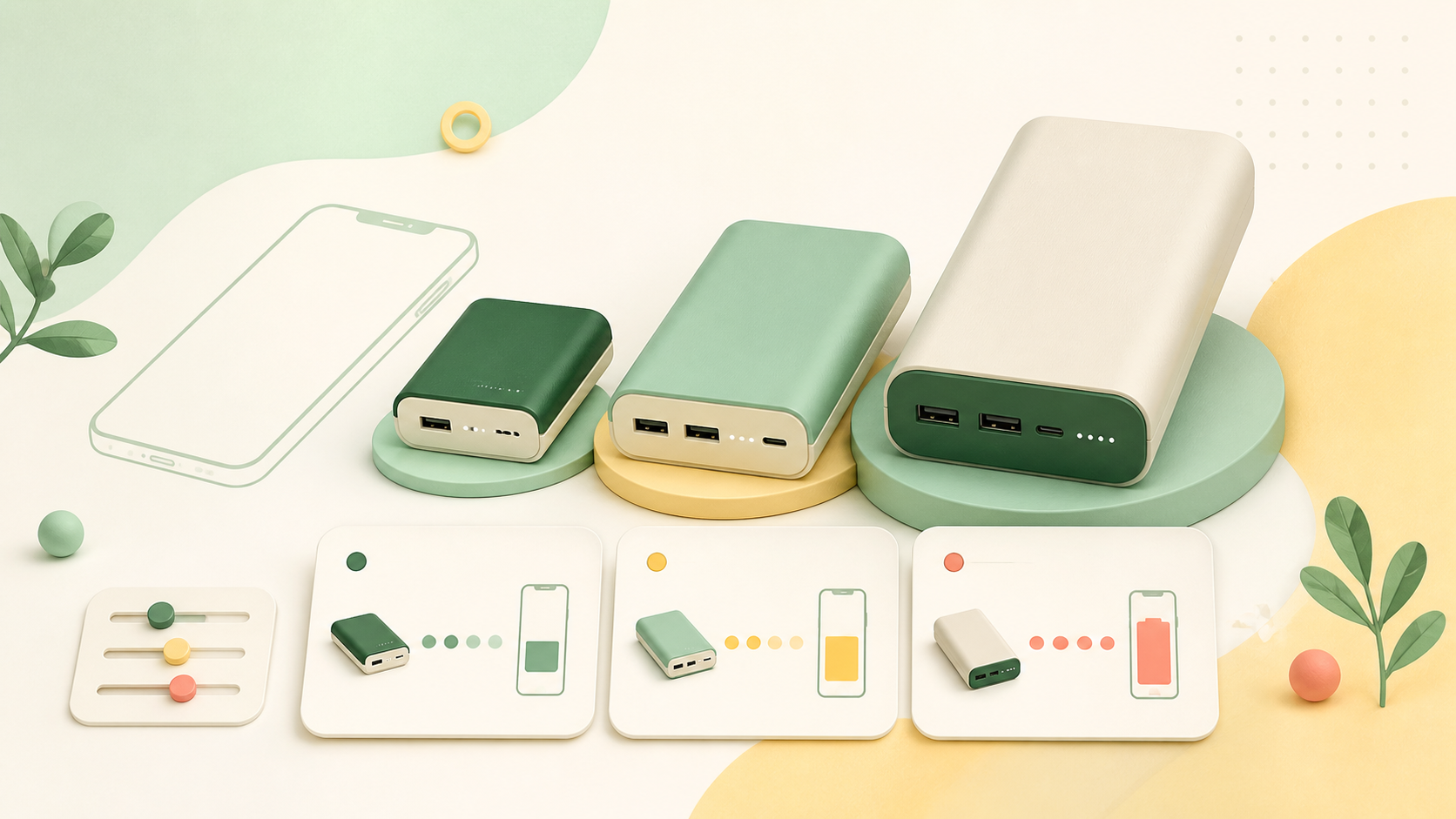 容量とサイズが異なるモバイルバッテリーを比較するイメージ